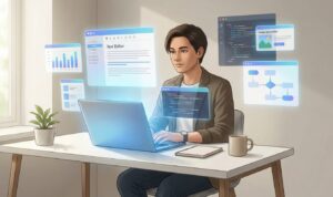 Person using multiple AI productivity tools on a laptop with virtual assistant interfaces