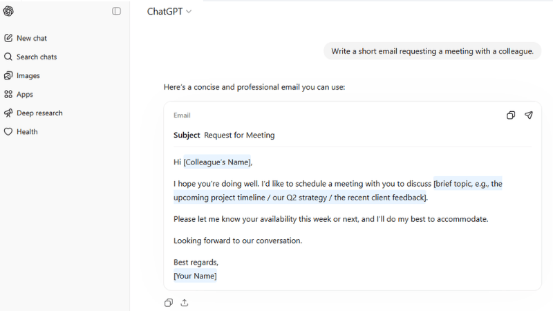 Example of ChatGPT generating a written response.